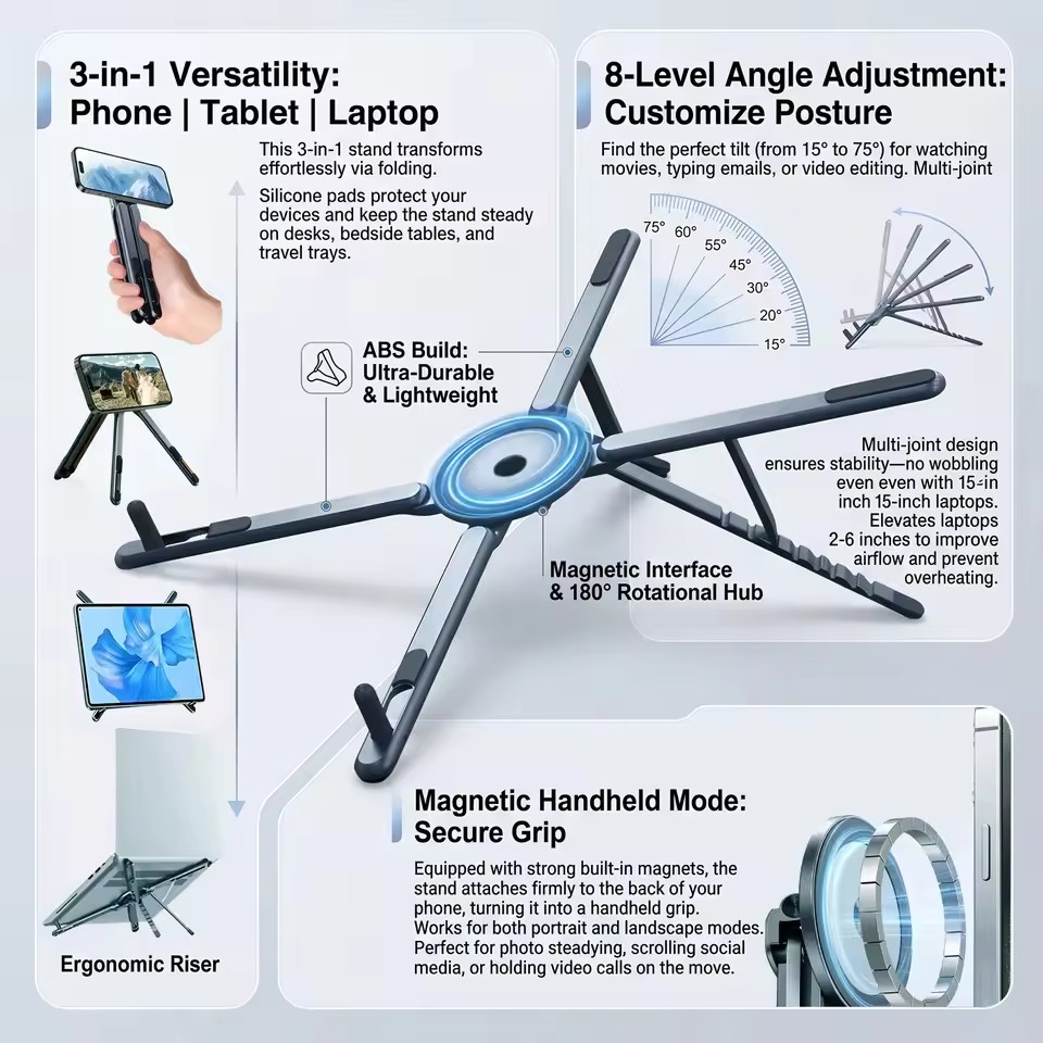 3 in 1 Foldable Magnetic Phone - огляд і ціна Laptop Stand Foldable